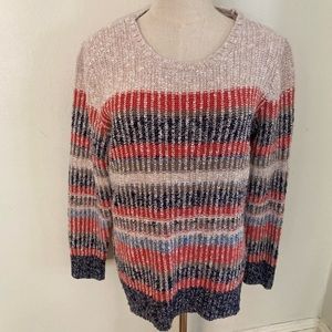 L.L.Bean Multicolor Stripe Textured Knit Cotton Blend Pullover Sweater Blue Tan